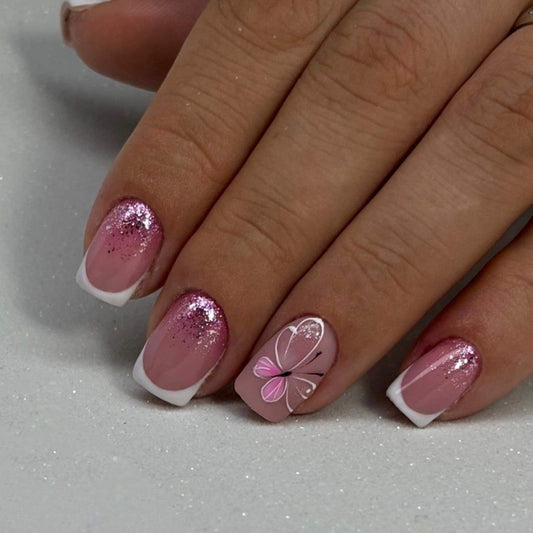 Whimsical Elegance Short Square Pink Glitter Press On Nail Set with Butterfly Design
