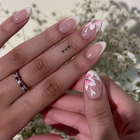 Whimsical Blossom Elegant Medium Almond Shape Delicate Pink with Floral Design Press On Nail Set