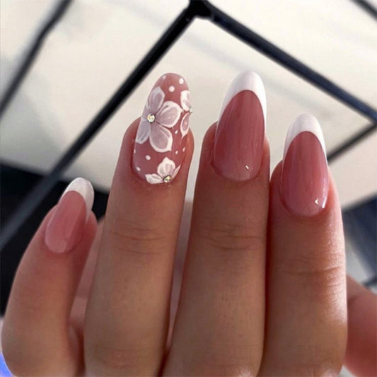 Blossom Beauty Long Oval Pink with White Tips and Floral Accent Press-On Nail Set