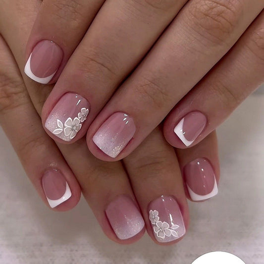 Floral Elegance Short Square Pink with White Accents and Charming Flower Design Press On Nail Set