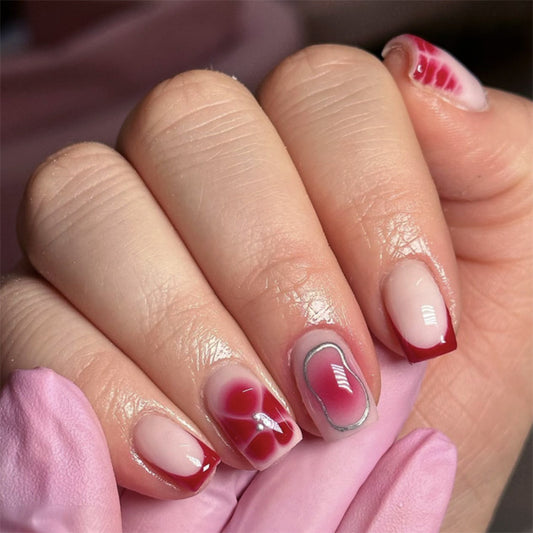 Romantic Blossom Short Square Red Gradient Press On Nail Set with Artistic Floral Accent