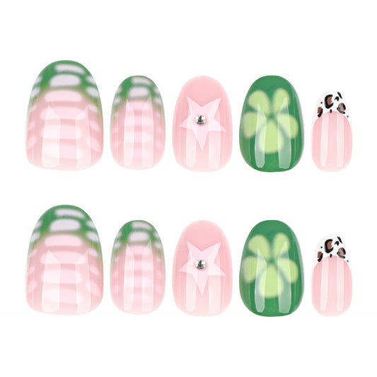 Garden Delight Press On Nail Set in Medium Oval Shape Pink and Green with Floral and Gemstone Accents