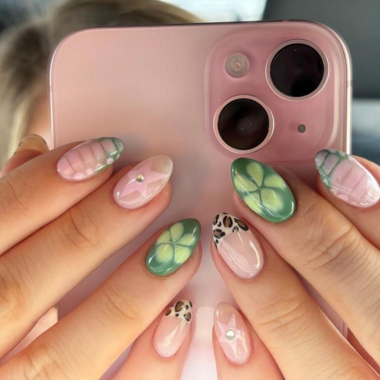 Garden Fantasy Short Almond Green Pink Leopard Print Floral Accent Press on Nail Set