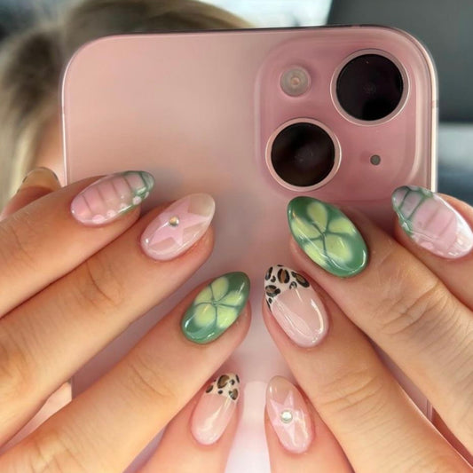 Garden Fantasy Short Almond Green Pink Leopard Print Floral Accent Press on Nail Set
