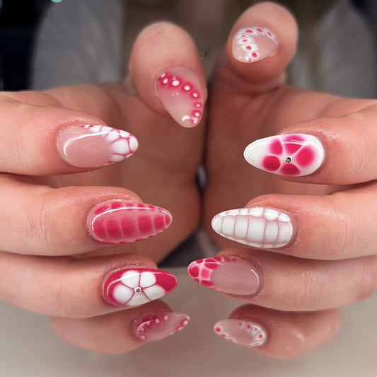 Ocean Whisper Press On Nail Set Medium Almond Shape Soft Pink and White with Artistic Abstract Design
