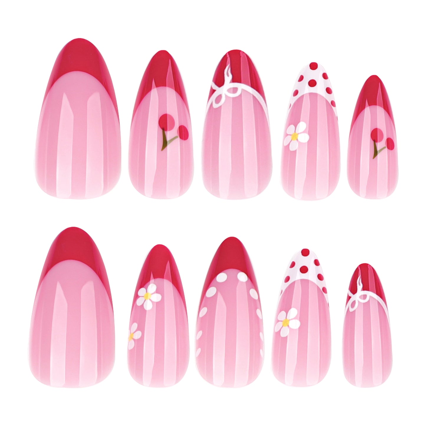 Blossom Dream Pink Medium Almond Shape Long Press On Nail Set with Floral and Polka Dot Designs