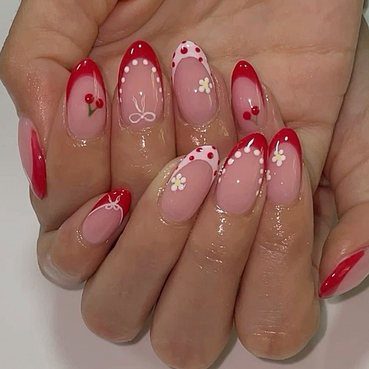 Cherry Blossom Elegance Medium Almond Red with Cute Floral and Dot Designs Press On Nail Set