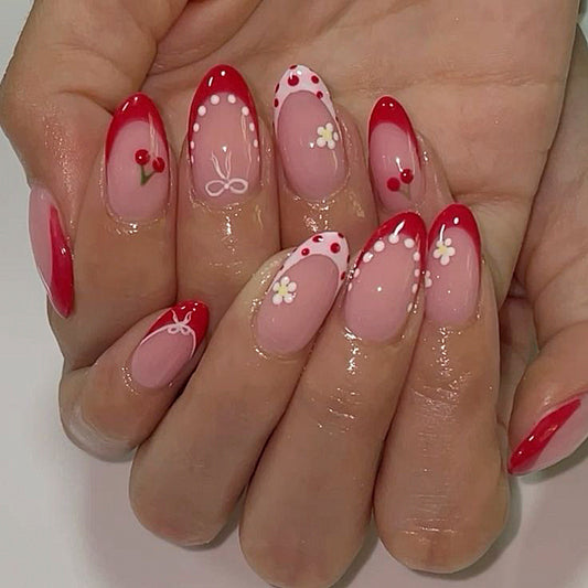 Cherry Blossom Elegance Medium Almond Red with Cute Floral and Dot Designs Press On Nail Set