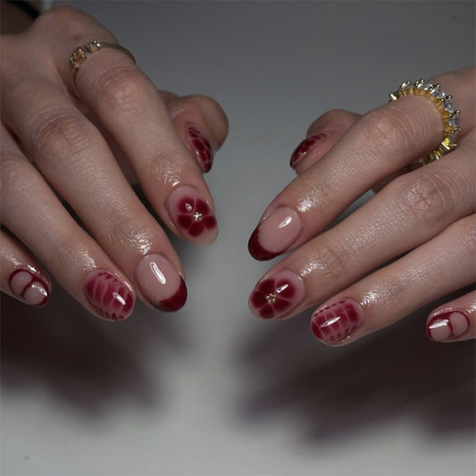 Romantic Elegance Short Almond Burgundy and Blush Ombré with Floral Accents Press On Nail Set