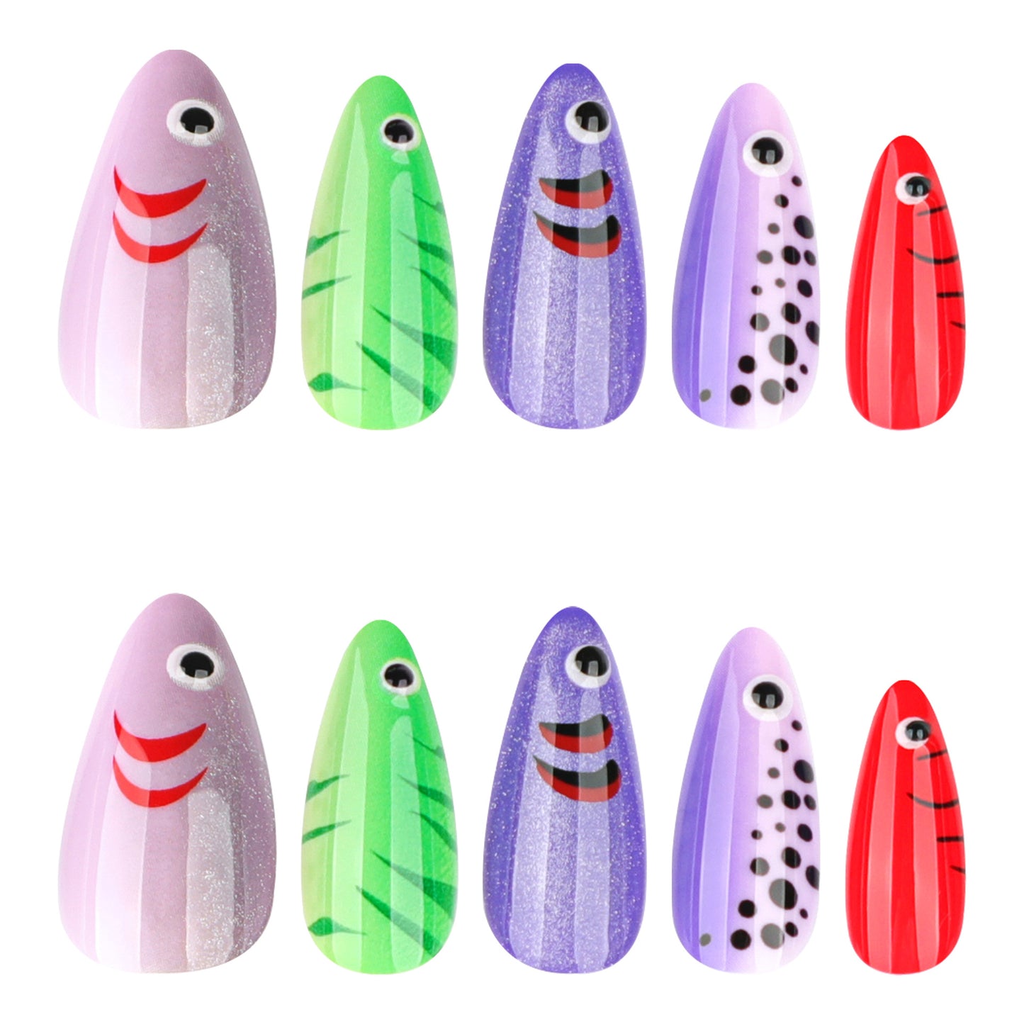 Underwater Fantasy Colorful Medium Almond Shaped Nail Set with Playful Character Designs