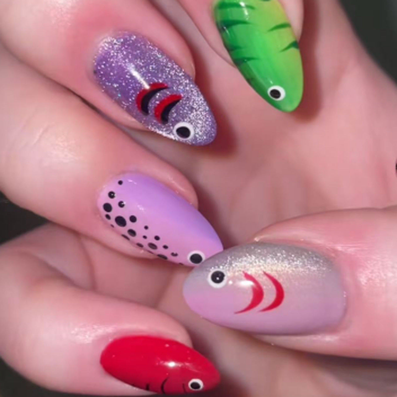 Underwater Adventure Medium Almond Shaped Glittery and Fish Themed Press On Nail Set