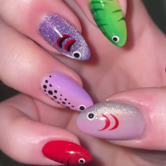 Underwater Adventure Medium Almond Shaped Glittery and Fish Themed Press On Nail Set