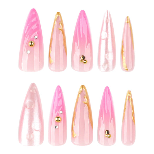 Dreamy Blossom Long Stiletto Pink Press On Nail Set with Chic Gold Accents and Sparkling Gemstones