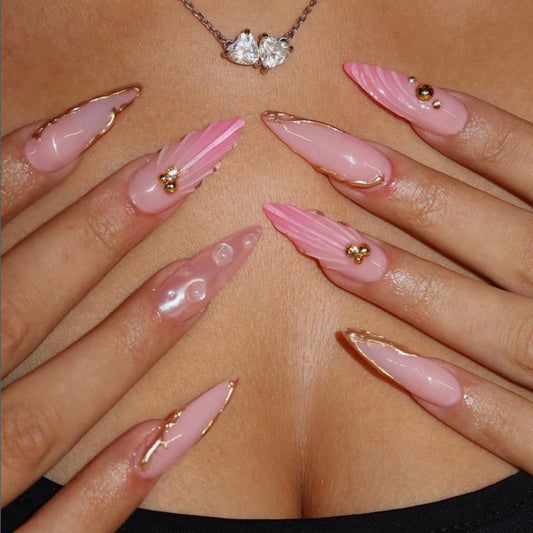 Whimsical Elegance Long Stiletto Pink with Unique Textured Design and Gold Accents Press On Nail Set