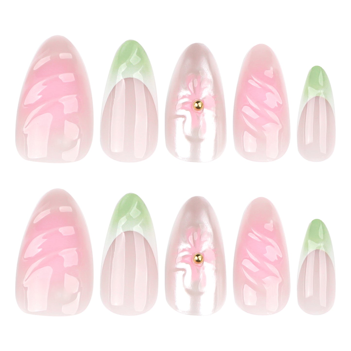 Blooming Elegance Medium Almond Pink and Green Nail Set with Shimmering Floral Accent