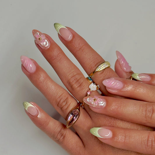 Whimsical Garden Long Almond Gradient Pink and Green Floral Press On Nail Set