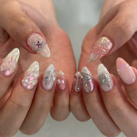 Sparkling Enchantment Iridescent Medium Stiletto Shaped Pink and White Press on Nail Set with Elegant Embellishments