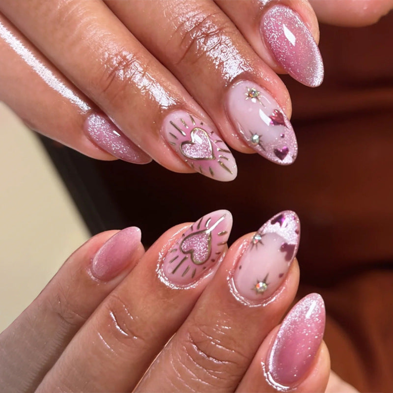 Romantic Blush Medium Almond Shaped Blush Pink with Glittering Heart Accents Nail Set