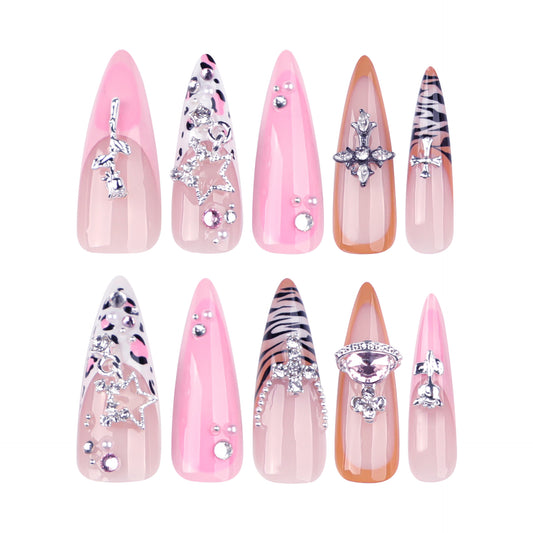 Glamorous Animal Print Long Stiletto Pink Nail Set with Luxury Embellishments