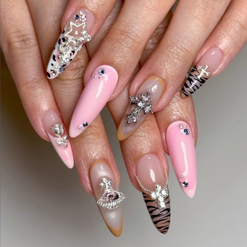 Glamorous Fantasy Long Stiletto Pink and Beige Press-On Nail Set with Rhinestone Embellishments
