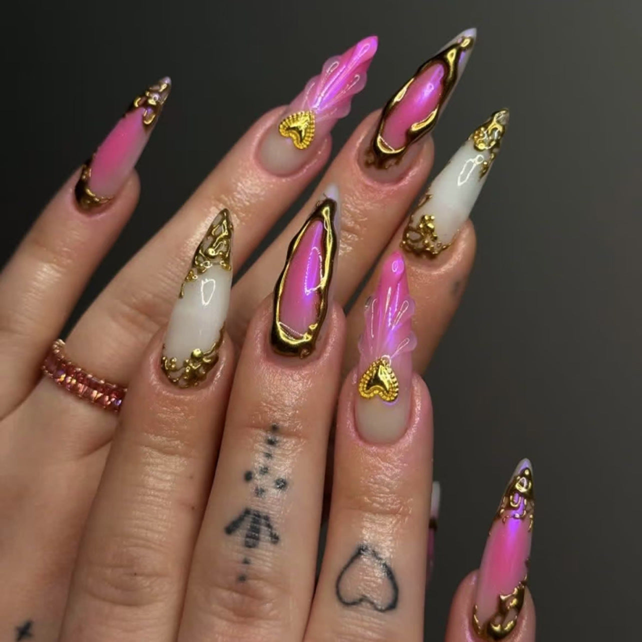 Glamorous Fantasy Long Stiletto Pink Ombre Press On Nail Set with Eye-Catching Gold Accents