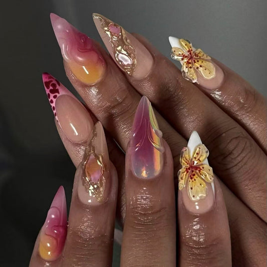 Whimsical Blossom Long Stiletto Pink Gradient Press On Nail Set with Floral Accents and Shimmering Finish