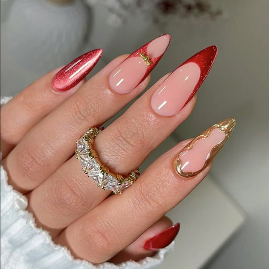 Glamorous Wilderness Long Almond Red and Beige Press On Nail Set with Unique Textured Accent