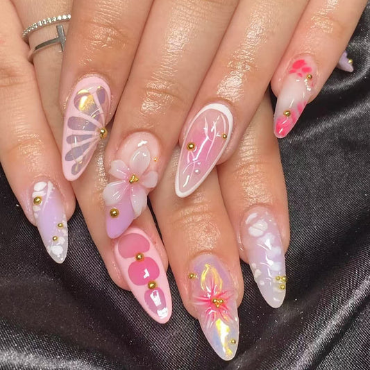 Whimsical Floral Fantasy Long Almond Gradient Pink Press On Nail Set with Glitter Accents