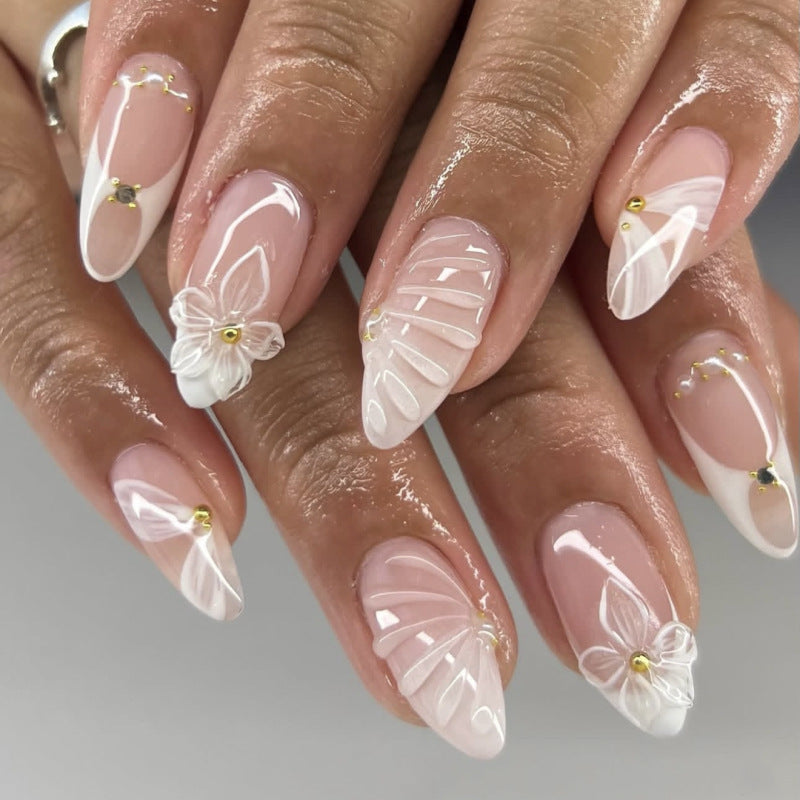 Enchanted Garden Elegant Long Almond White Floral Press On Nail Set with Unique Textured Design