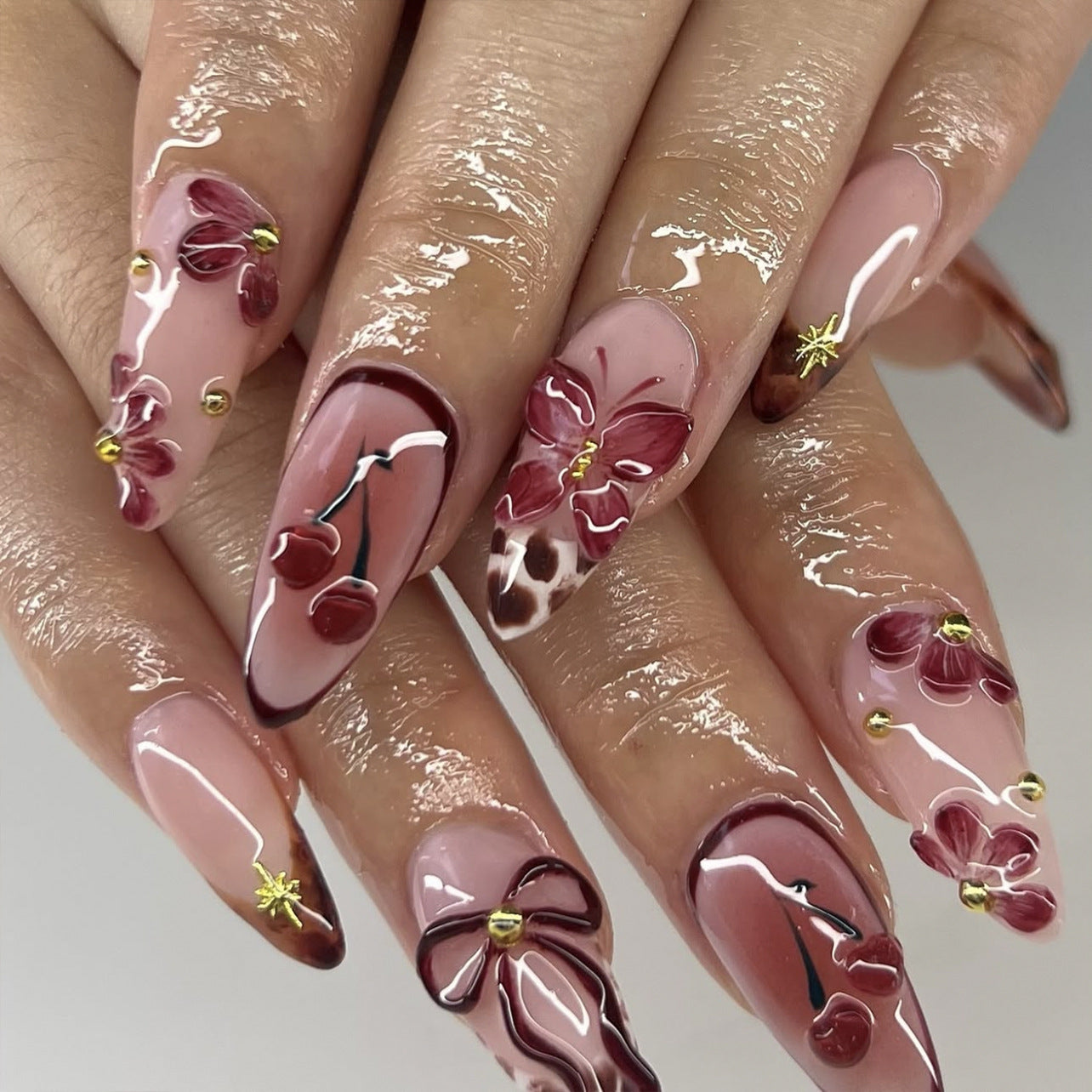 Blossom Elegance Long Almond Pink Floral Design with Golden Accents Press-On Nail Set