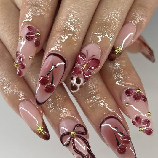 Blossom Elegance Long Almond Pink Floral Design with Golden Accents Press-On Nail Set