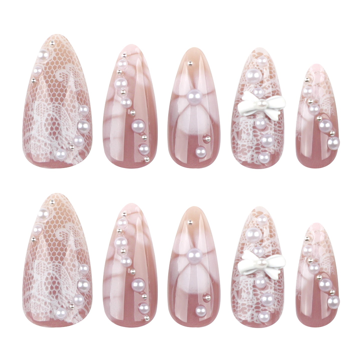 Whimsical Elegance Long Almond Pink Lace Press On Nail Set with Pearls and Bows