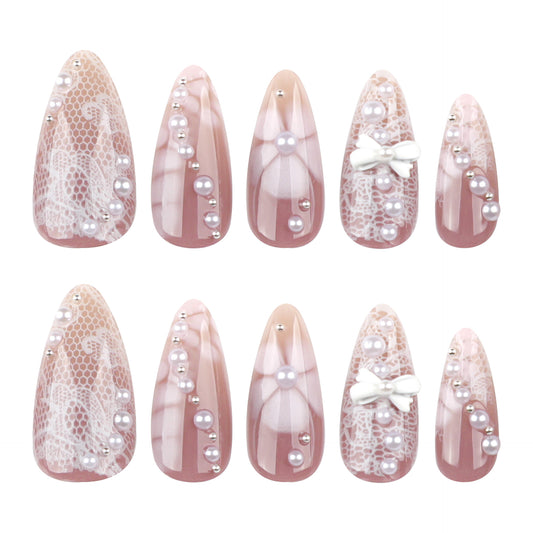 Whimsical Elegance Long Almond Pink Lace Press On Nail Set with Pearls and Bows