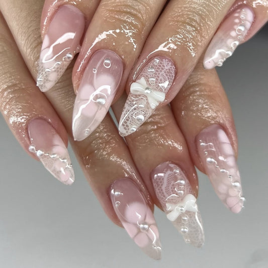 Whimsical Elegance Long Almond Pink and White Press on Nail Set with Dazzling Pearl Accents