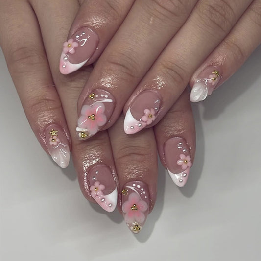 Blossom Dream Short Almond Pink Floral Accent Press-On Nail Set