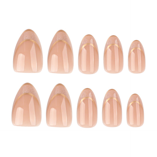 Elegant Blossom Collection Medium Almond Pink Nail Set with Sparkling Gold Tip Accents