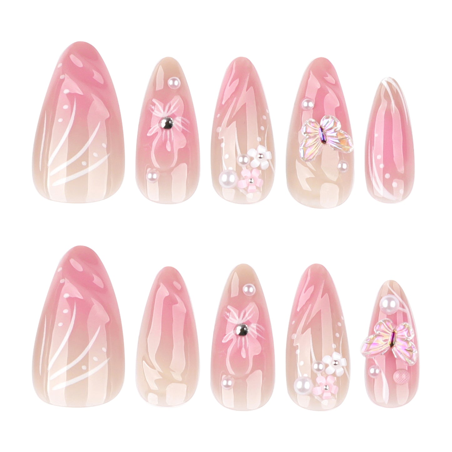 Charming Floral Blossom Press On Nail Set Long Stiletto Pink Ombre with Pearl and Butterfly Accents