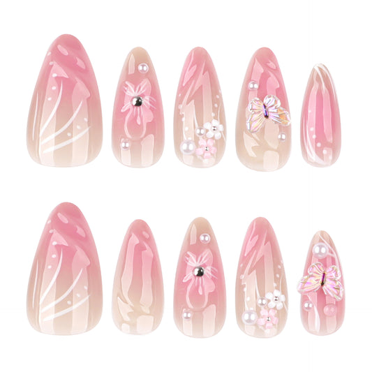 Charming Floral Blossom Press On Nail Set Long Stiletto Pink Ombre with Pearl and Butterfly Accents