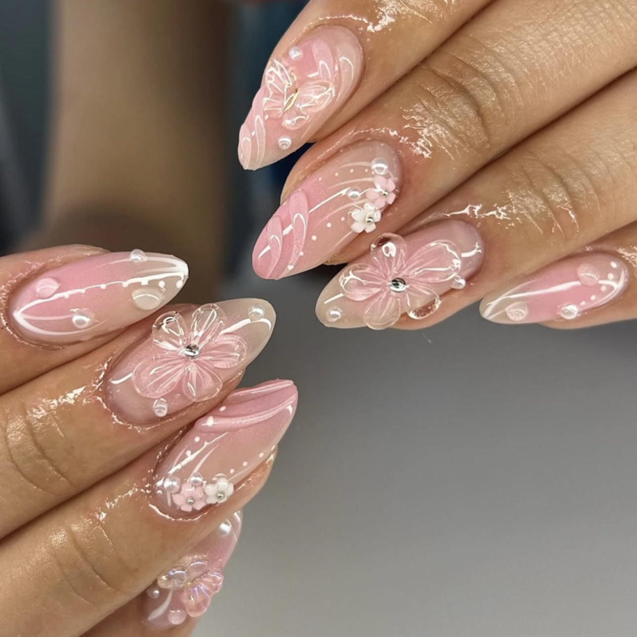 Blooming Elegance Press On Nail Set Medium Almond Pink Floral Design with 3D Accents