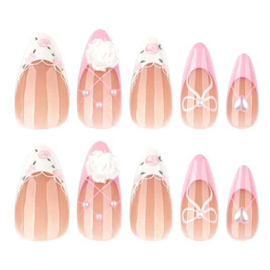 Whimsical Romance Medium Almond Pink and Beige Press On Nail Set with Floral Accents and Charming Details