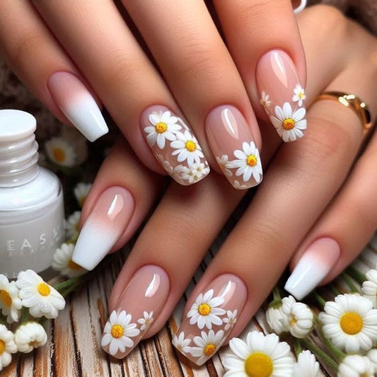 Spring Blossom Elegance Medium Square White Ombre with Charming Daisy Floral Accents Press On Nail Set