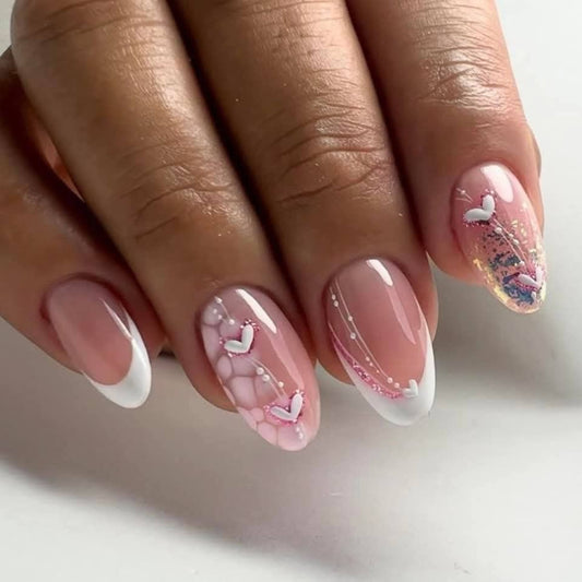 Romantic Heartfelt Short Almond Shaped Pink Ombre Press On Nail Set with Delightful Heart Accents