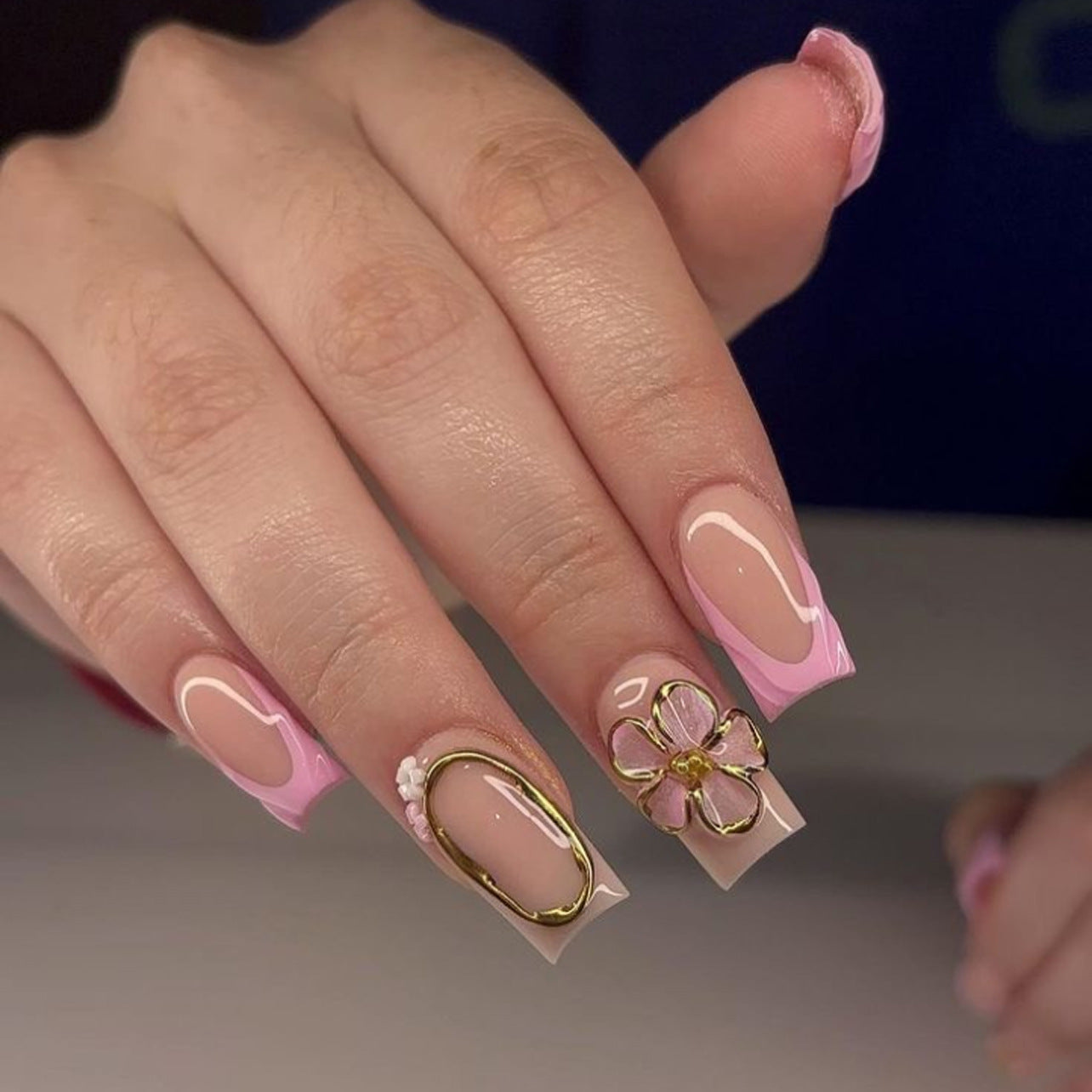 Blossoming Elegance Medium Square Pink and Beige with Floral Gold Accent Press On Nail Set