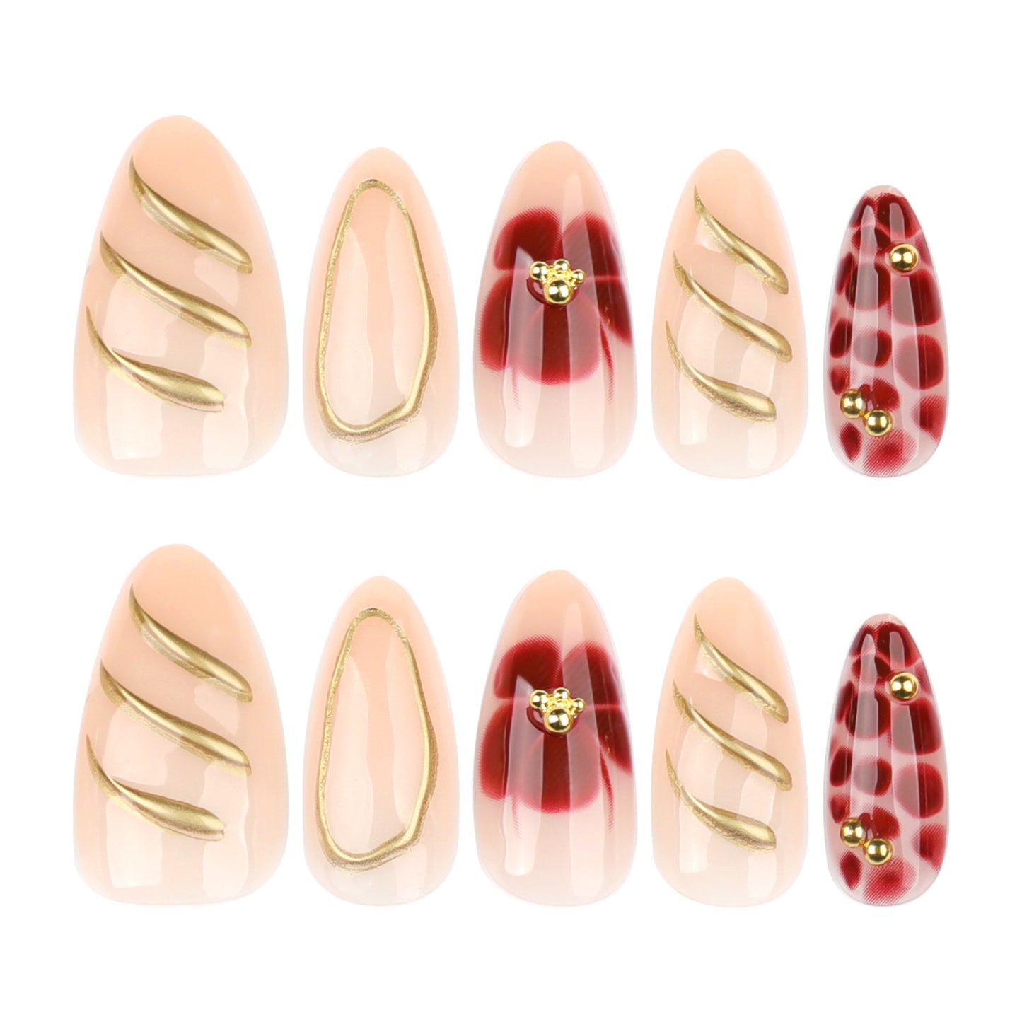 Glamorous Autumn Blossoms Medium Almond Shaped Beige and Red Press On Nail Set with Gold Accents