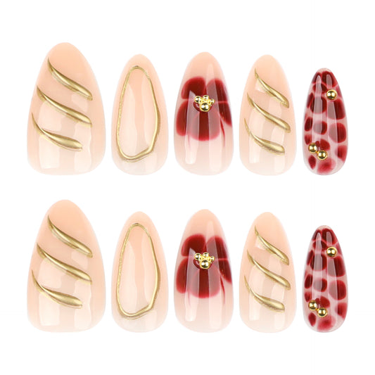 Glamorous Autumn Blossoms Medium Almond Shaped Beige and Red Press On Nail Set with Gold Accents
