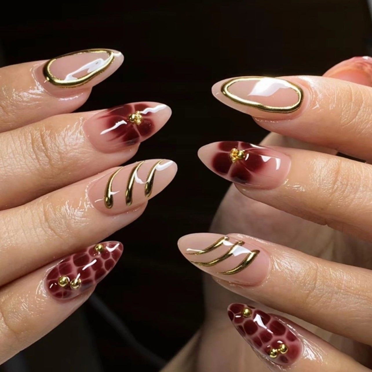 Glamorous Floral Elegance Medium Almond Shaped Blush Pink and Burgundy Press On Nail Set with Gold Accents