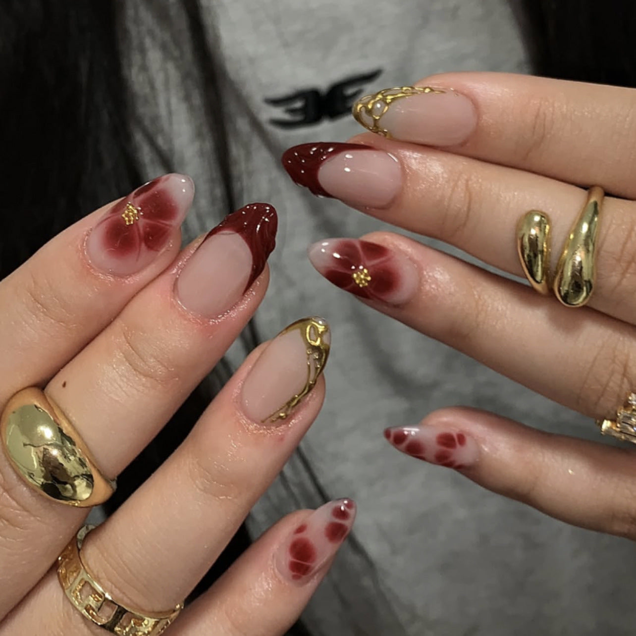 Enchanting Floral Elegance Medium Almond Burgundy and Beige Gradient with Delicate Gold Accents Press On Nail Set