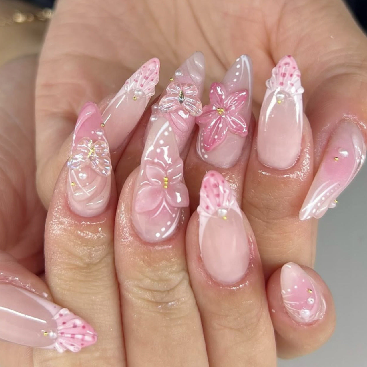 Whimsical Garden Glamour Long Almond Pink Nail Set with Floral Accents