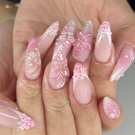 Whimsical Garden Glamour Long Almond Pink Nail Set with Floral Accents
