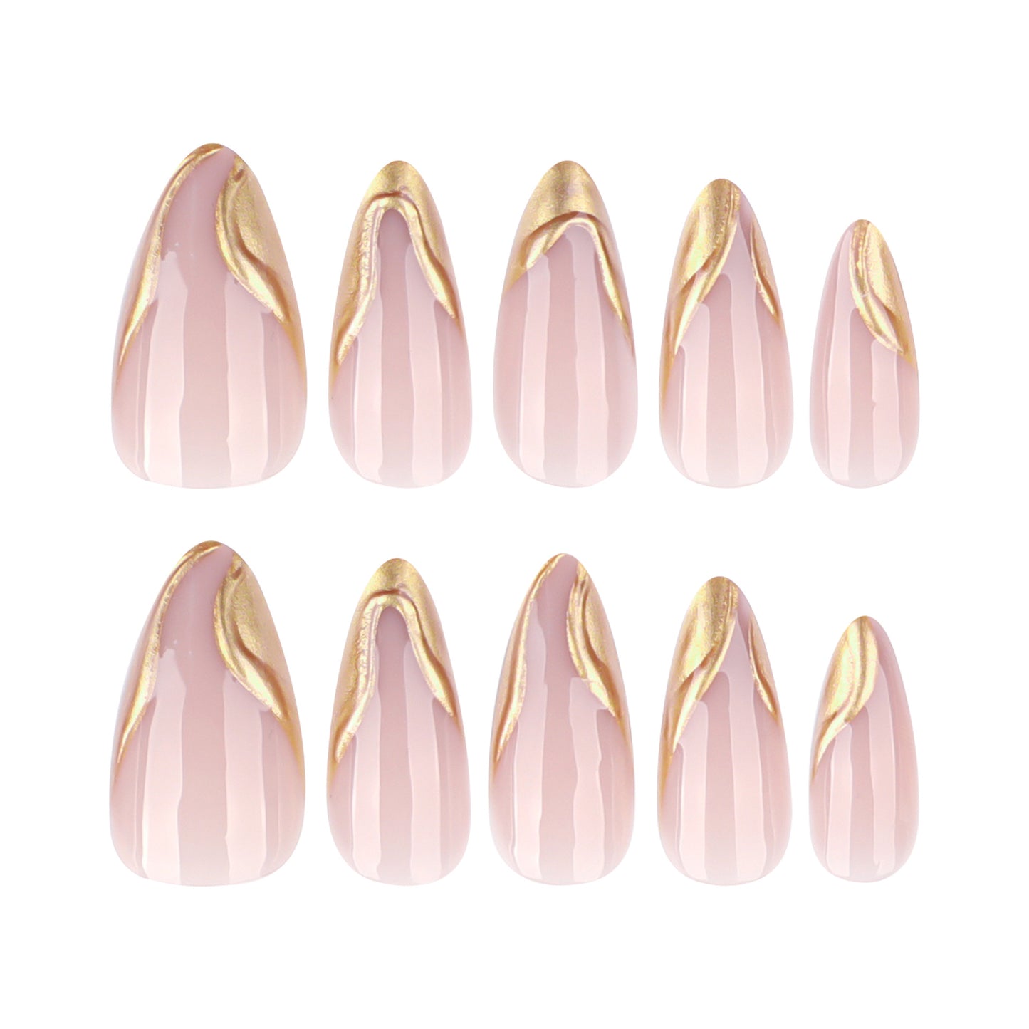 Elegant Blossom Floral Inspired Medium Almond Shaped Soft Pink Nails with Gold Leaf Accents